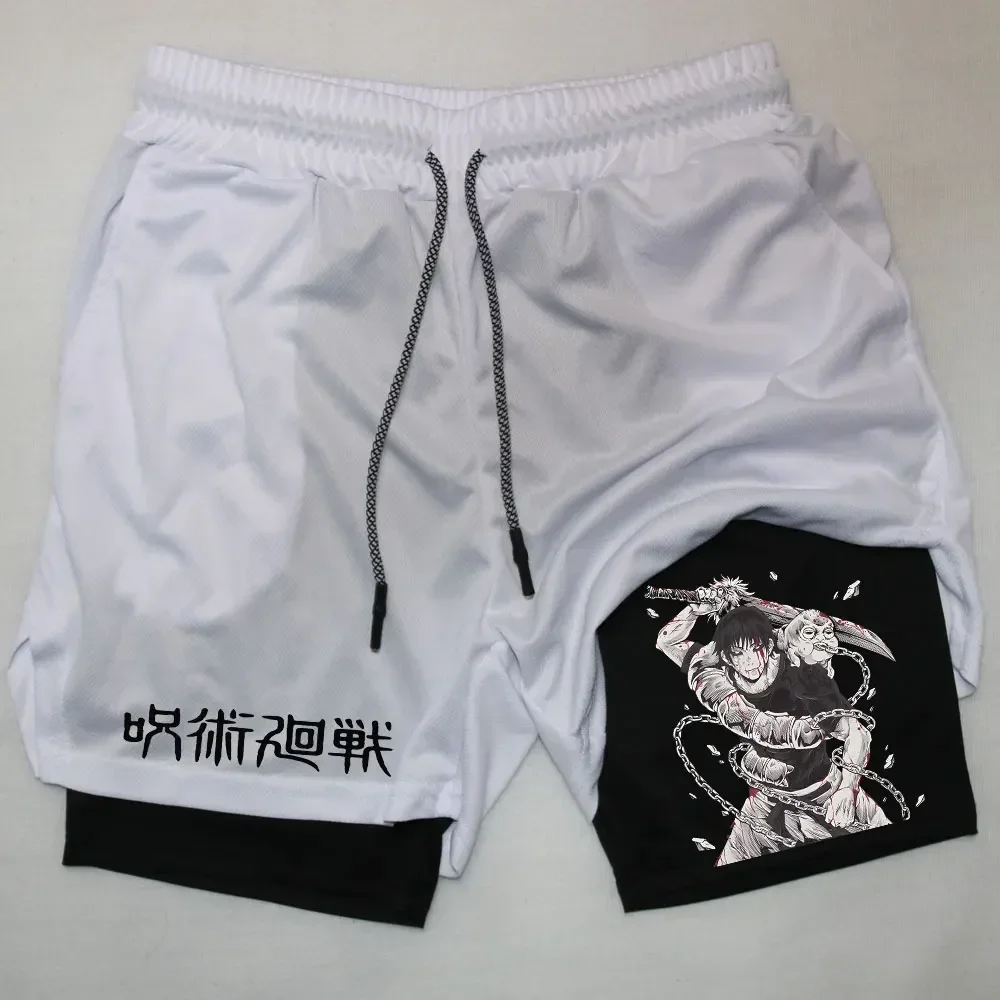 Anime Jujutsu Kaisen 2 in 1 Compression Shorts for Men Athletic Quick Dry Performance Shorts with Pockets Gym Workout Fitness