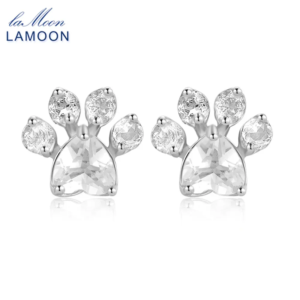 LAMOON S925 100% Natural Pure Clear Gemstone Cute Bear's Paw Ring For Women 925 Sterling Silver White Gold Fine Jewelry EI059