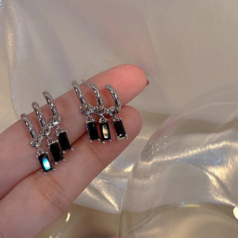 New Three Rows Black Crystal Tassel Pendant Earrings For Women Classic Elegant Zircon 2022 Summer Fashion Jewelry Party Gift