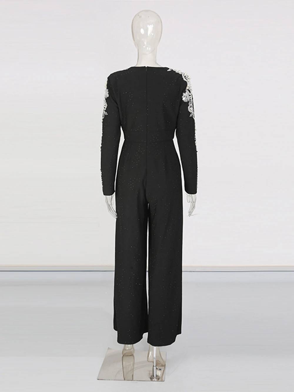 Modphy Tuta elegante a maniche lunghe slim fit 2025 Nuova tuta lunga tinta unita a vita alta con perline di diamanti per l'industria pesante