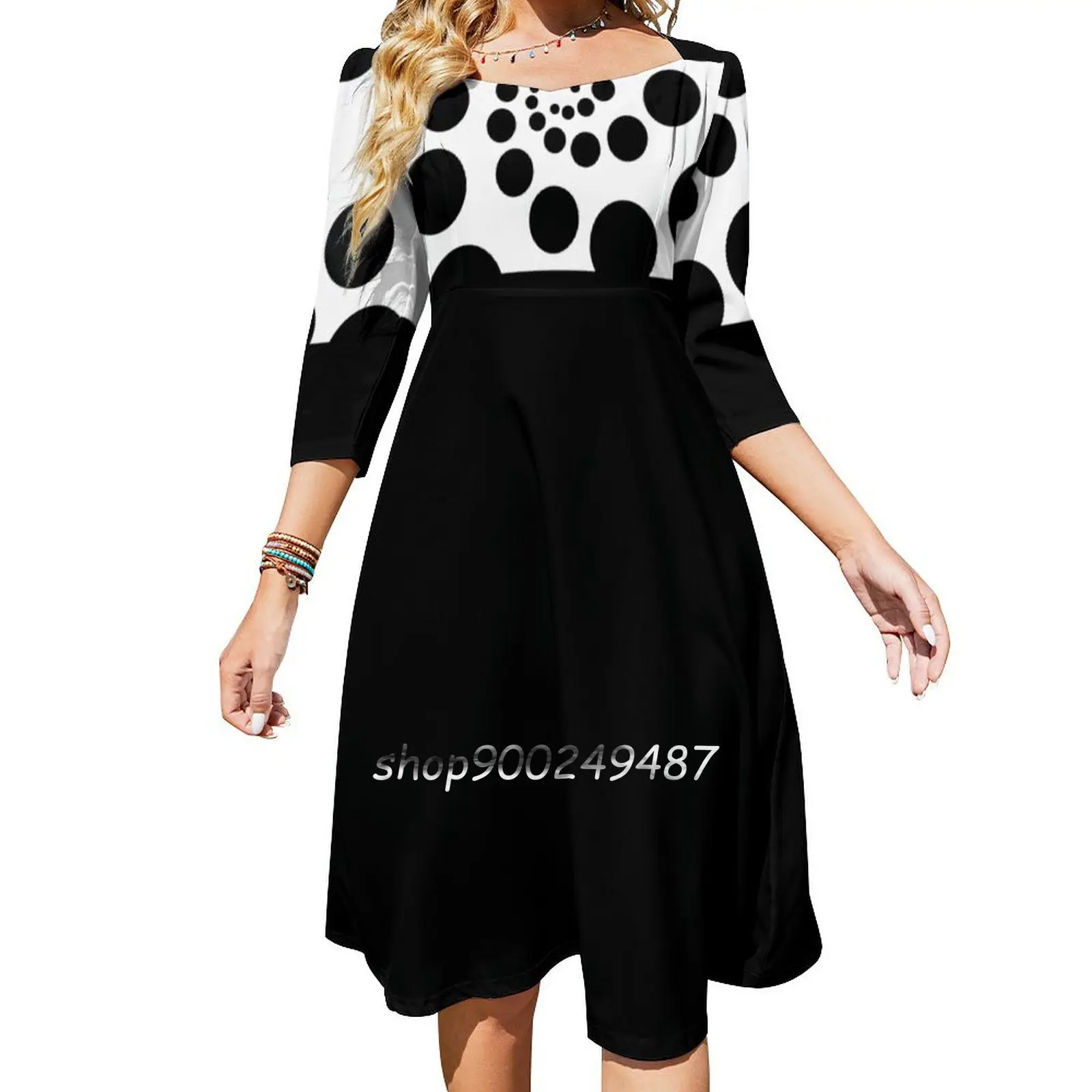 1960S Retro Black And White Two Tone Black & Spots Sweetheart Knot Flared Dress Fashion Design Large Size Loose Dress Black And