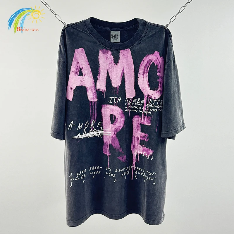 

Pink Big Letters Graffiti Amore Is Love T Shirts Men Women Unisex Vintage Washed Black Tee Oversized Damaged Hole Saint T-Shirt