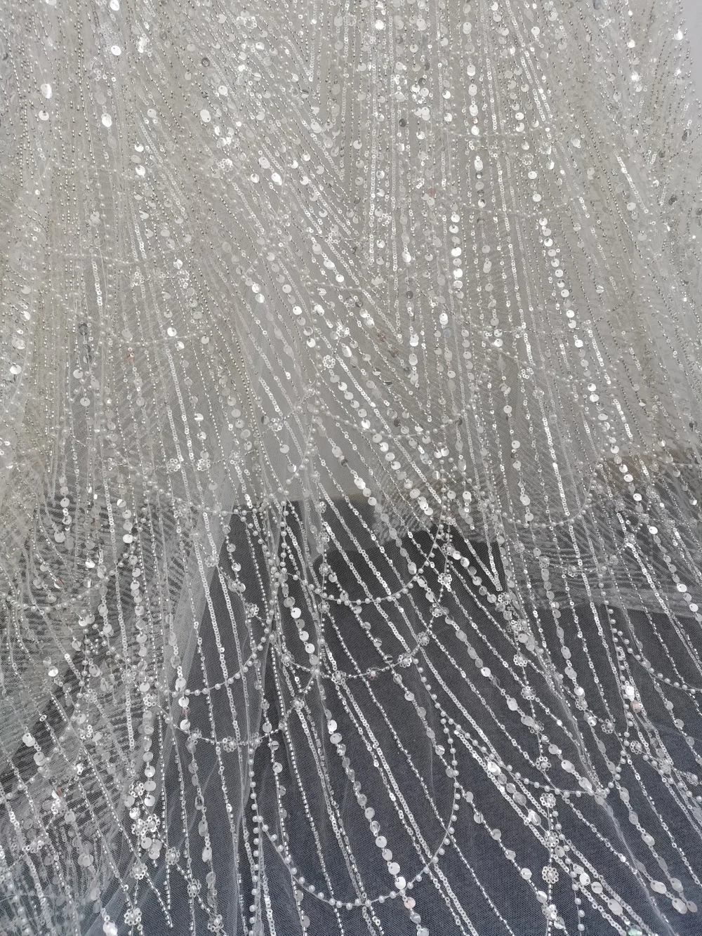 Luxury Embroidered Bead Fabric Off White Tulle Mesh Fabric Lady Fashion Dress Sewing Fabric Pearls