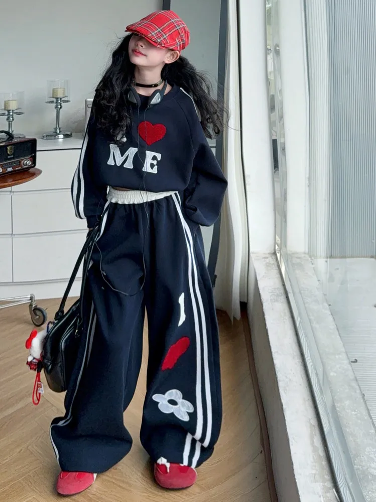 

autumn 4-14 teen girls tracksuit set Love Hoodie+wide-leg pants 2pcs junior kids Casual Loose Sports clothes suit Child outfits