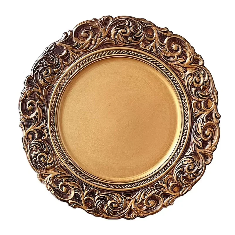 

4pcs 33cm Antique Gold Charger Plate with Embossed Edge Dinner Plate Elegant Tableware Decoaration