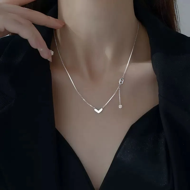 

Popular 925 Sterling Silver Heart-shaped Tassel Necklace Sparkling Zircon Collarbone Chai Women's Fashion Jewelry Birthday Gift
