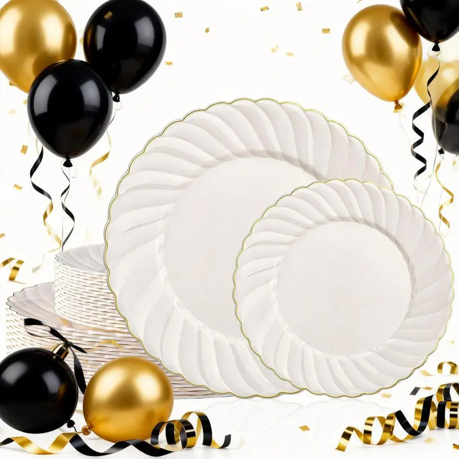 

60 Pcs Ivory Plastic Plates with Gold Trim Scalloped Plate Disposable Heavy Duty Include 30 10.25 Dinner amp 30 7.25 Dessert Pla