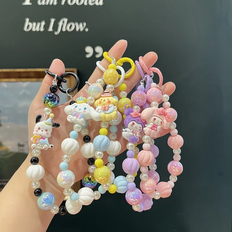 

New Sanrio Kuromi Beads Mobile Phone Chain Melody Key Chain Sweet Girl Wrist Strap Bracelet Headphone Case Charm Bag Decoration