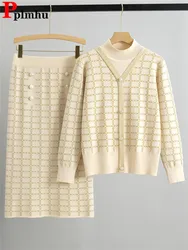 Elegant Plaid Knit 2 Pieces Sets Women Half Turtleneck Knitted Pullover Tops Conjuntos Korean High Waist Ankle Length Skirt Suit