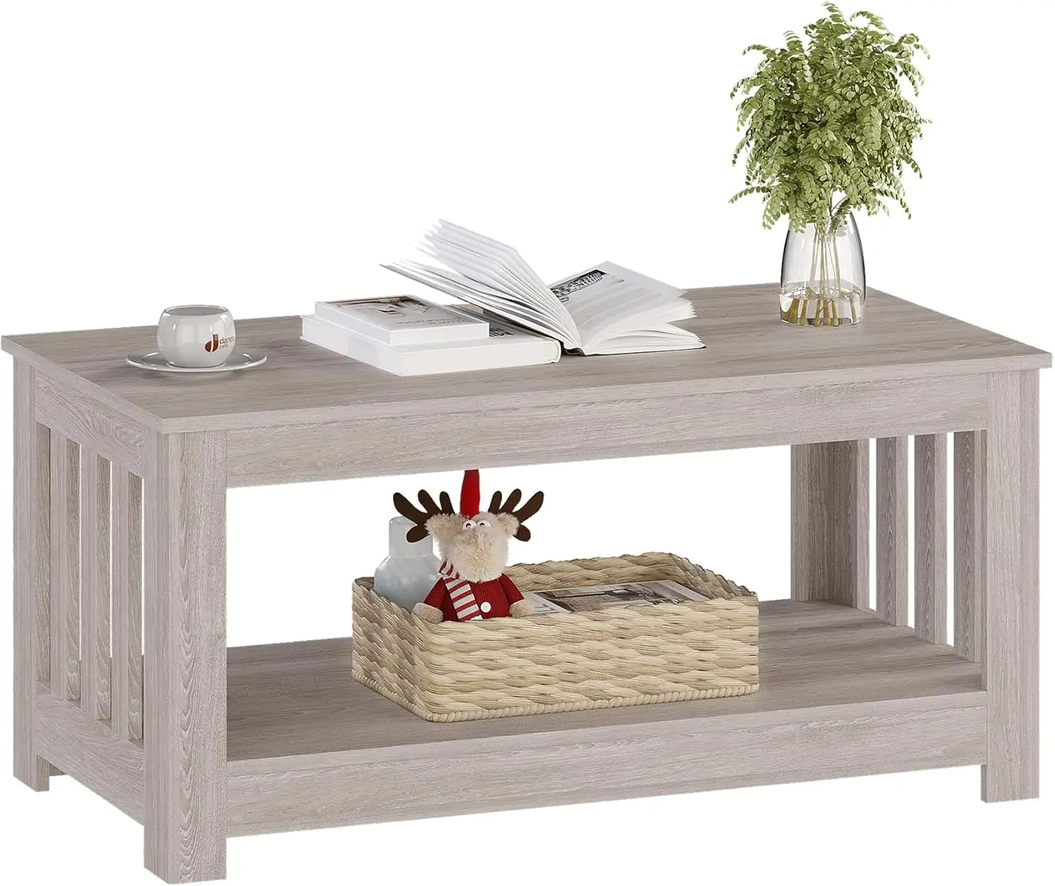 Wooden One Style Fits All Coffee Table - Gray Wash Coffee Table, 2-Tier Rectangular Unique Coffee Table for Living Room