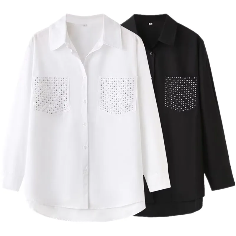 قميص حريري فضفاض للنساء صيف 2025 بتصميم عتيق مزين بالمسامير متعدد الاستخدامات بأكمام طويلة وأزرار بلون واحد #2