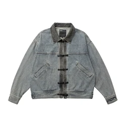 Chinese Buttons Vintage Denim Jacket Men Japanese Streetwear Amikaki Fashion Loose Casual Denim Jeans Jacket Cowboy Coat