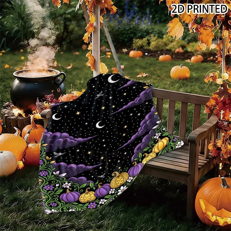 Whimsical Halloween Fall Decor Throw Blanket, Dark Fantasy Starry Night Sky Print with Crescent Moons, Floral Borders & Patterne