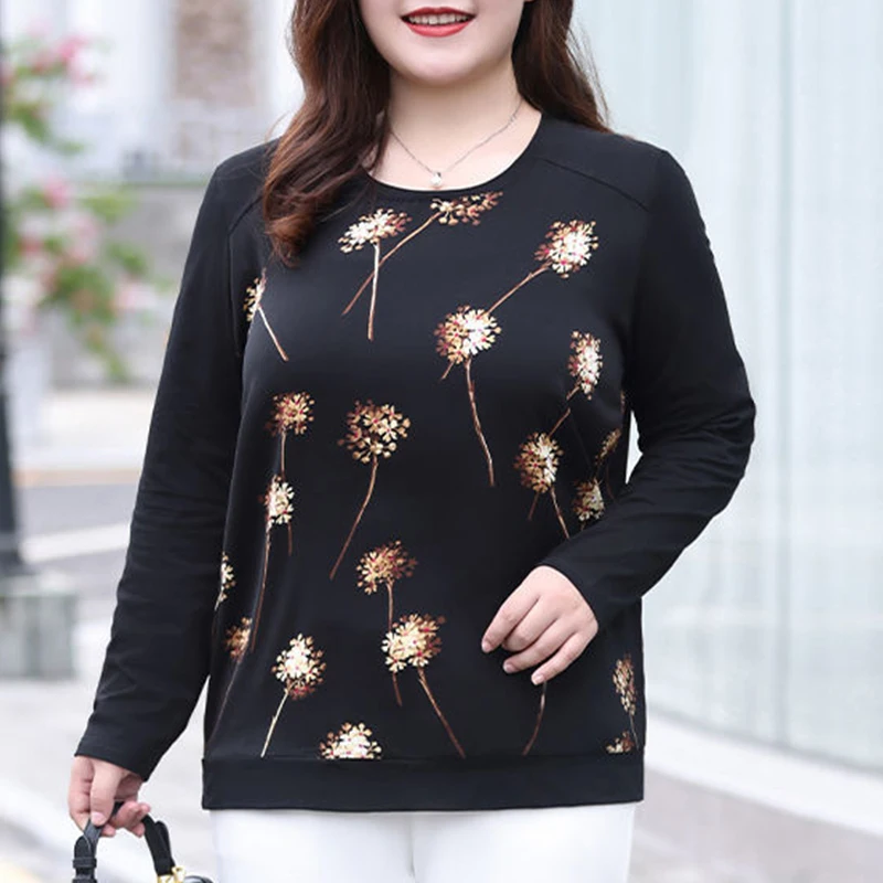 Autumn Print Black Elegant Fashion Plus Size T-shirts for Women Long Sleeve Casual Lady Tops All Match Aesthetic Female Clothes