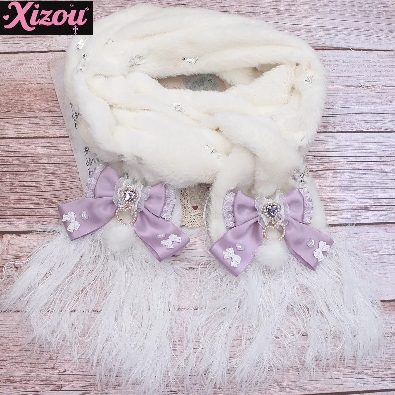 Handgemaakte Japanse dames Sweet Lolita massaproductie boog haarbal liefde kant rand pluizige sjaal warme sjaal winter zacht meisje