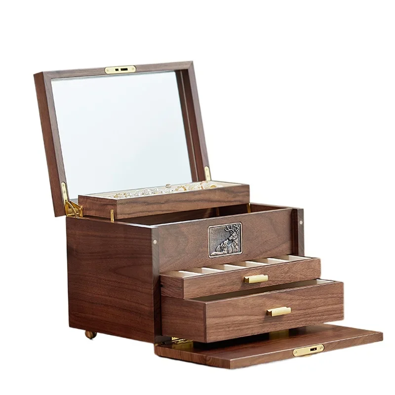 

*Walnut Solid Wood Light Luxury Jewelry Storage Box Bride Price Three Gold Jewelry Box