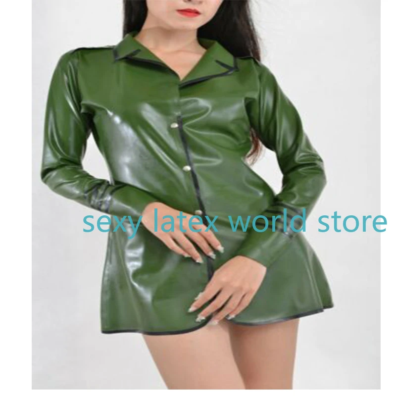 

Army Green Latex Women Long Sleeves Shirt Rubber Top Handmade Sexy Fetish Customized for Women