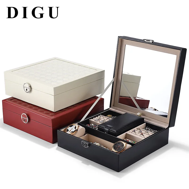 High grade lockable jewelry storage box exquisite leather jewelry box large capacity Ring Necklace Earring Box