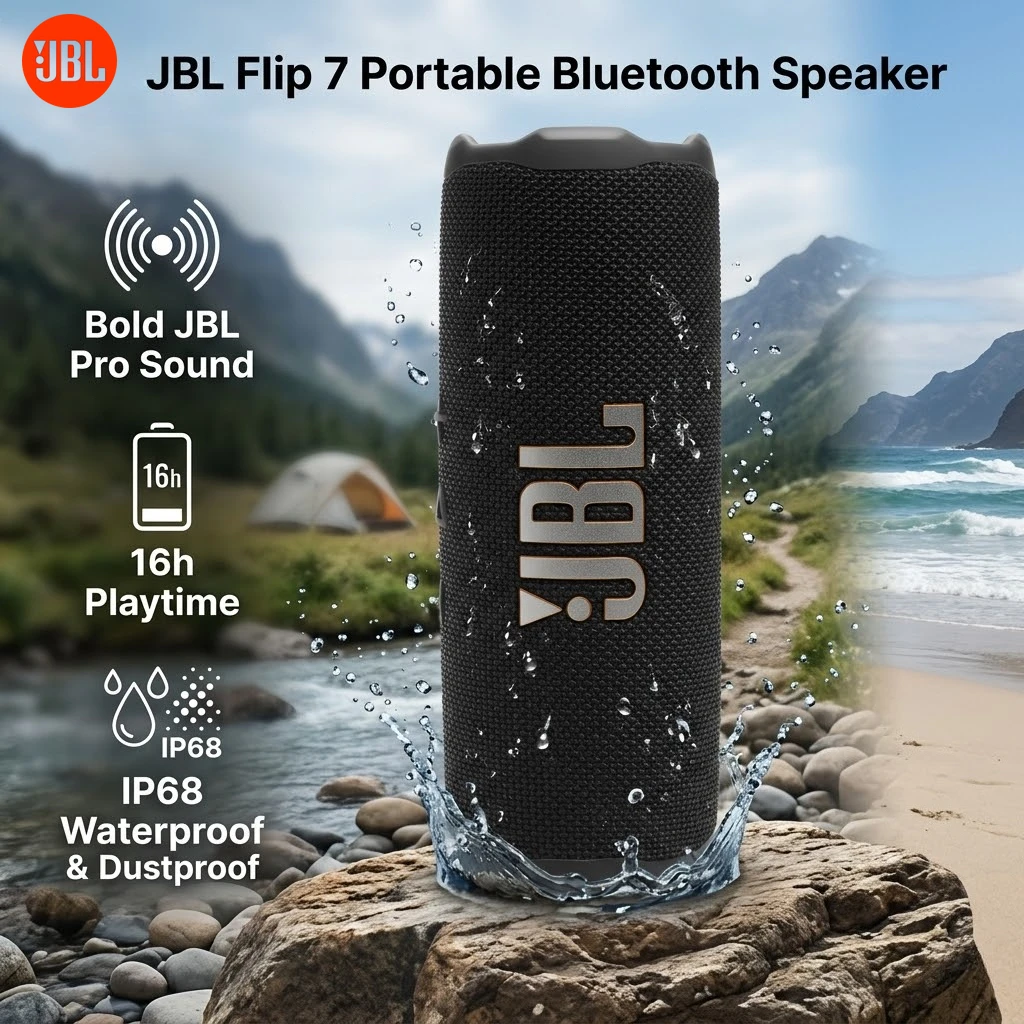 

Портативная беспроводная Bluetooth-колонка JBL Flip 7, водонепроницаемая по стандарту IP68, пыленепроницаемая, ударопрочная, профессиональное качество звука, глубокие басы, 16 часов работы от батареи
