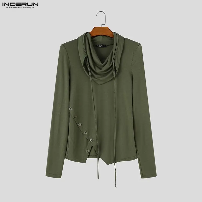 INCERUN Men's Irregular T Shirt Solid Long Sleeve Belt Tee Tops For Man Camisetas Streetwear Fashion Spring Autumn Men Clothes