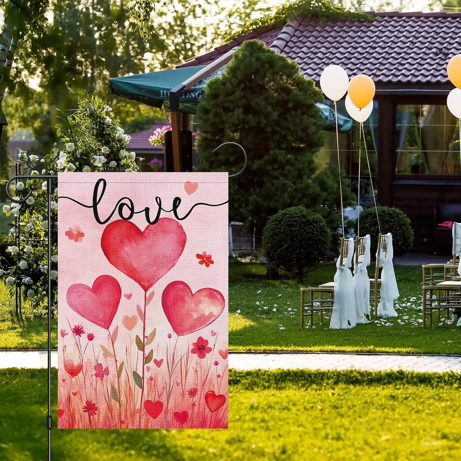 Heyfibro Valentine's Day Garden Flag 12 x 18 Inch Double Sided Burlap, Love Heart Flower Pattern Yard Flag Valentine’s D AAO