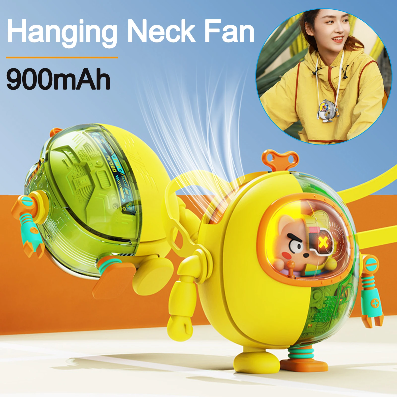 Mini Usb Lazy Neck Fan 3-Speed Mecha Shape Desktop Air Cooler Type-C Charging 900Mah Night Light Modes for Outdoor Travel Sports