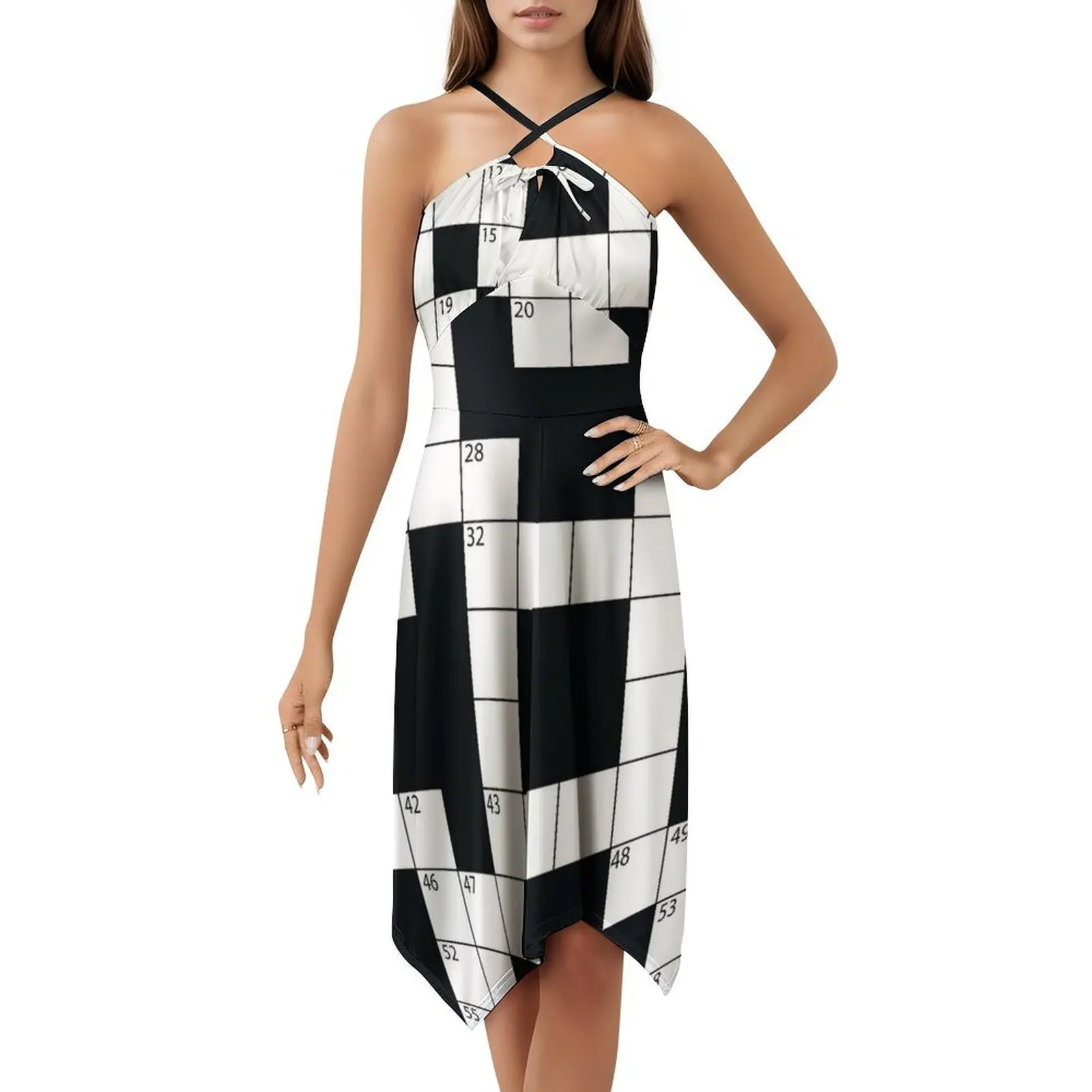 فستان بوهيمي بدون أكمام للتفكير عبر الكلمات، فستان متعدد الطباعة لقضاء العطلات على الشاطئ، كلمات متقاطعة، لعبة كلمات متقاطعة