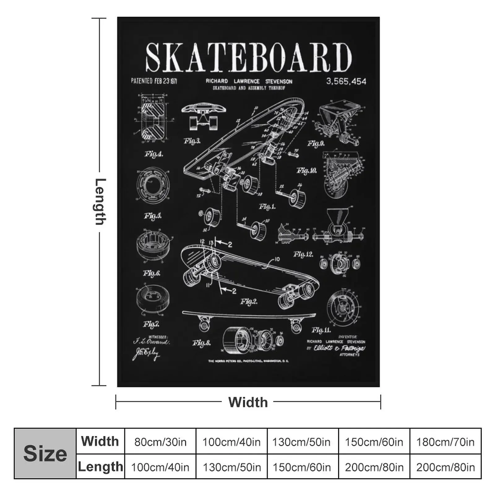 Skater Skateboard Skateboarding Vintage Patent Drawing Print White Throw Blanket Multi-Purpose Furrys Blankets