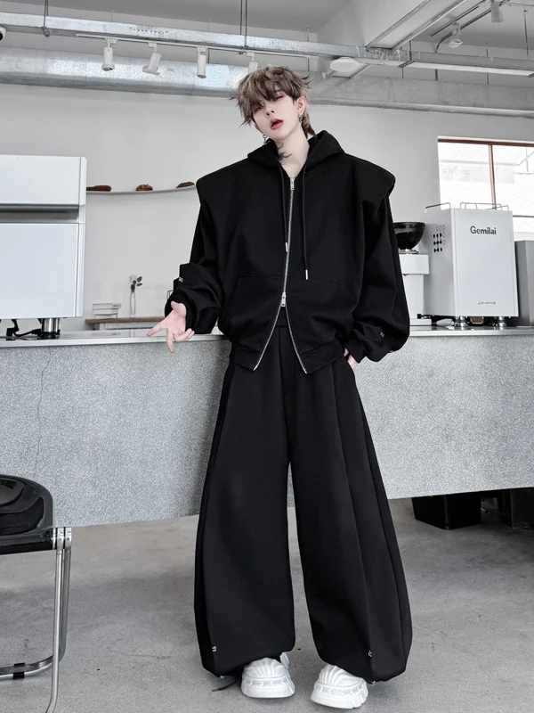 

Модный повседневный комплект спортивной одежды для мужчин с боковыми складками, толстовка с капюшоном, длинные брюки, комплект из двух предметов, осенняя модная молодежная одежда