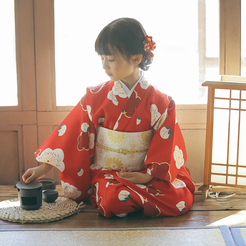 

Japan Style Girl's Kimono Yukata Cherry Blossoms Kid's Dress Red Color Costumes Japan Style Photography Props Single Cloth Poly