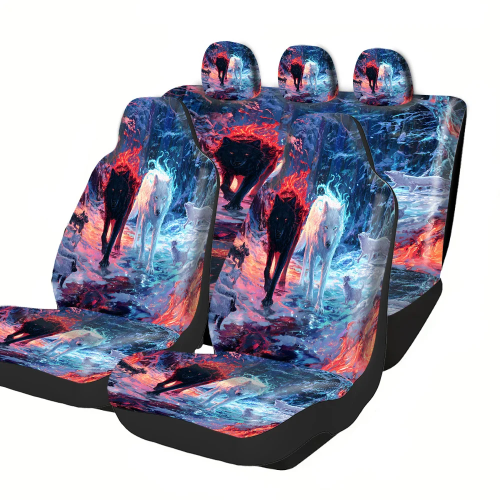 2-5 Seat Set Car Seat Covers Premium Wolf Pack Ice Fire Art Fit For Truck SUV Off-road Car Holiday Edition Halloween Christmas