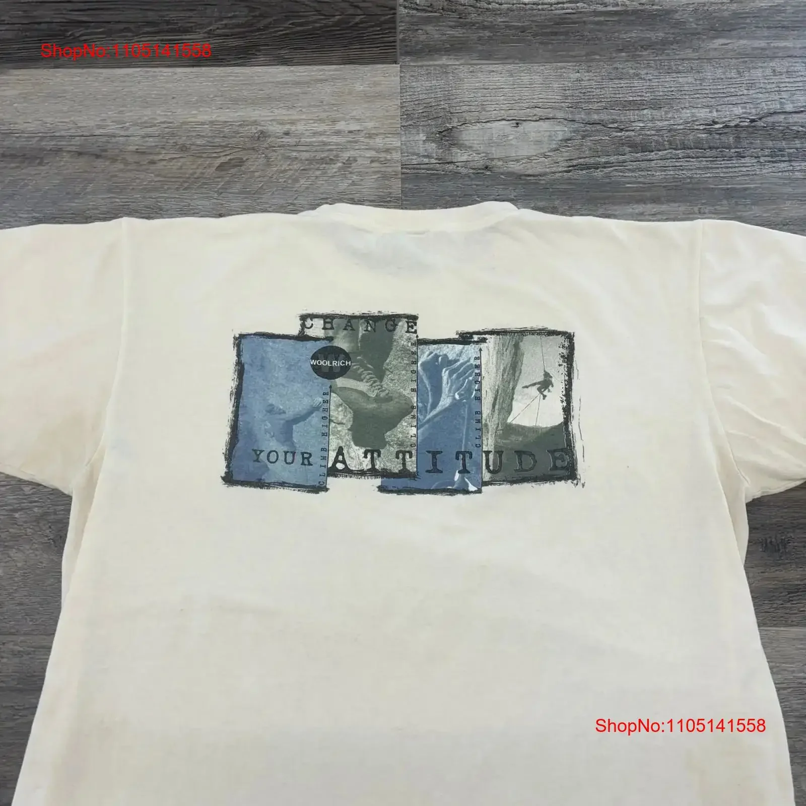 Vintage Woolrich blanco azul para hombre L cambiar tu actitud camiseta deportiva hecho en EE. UU. vintage lavado Unisex Top para uso diario