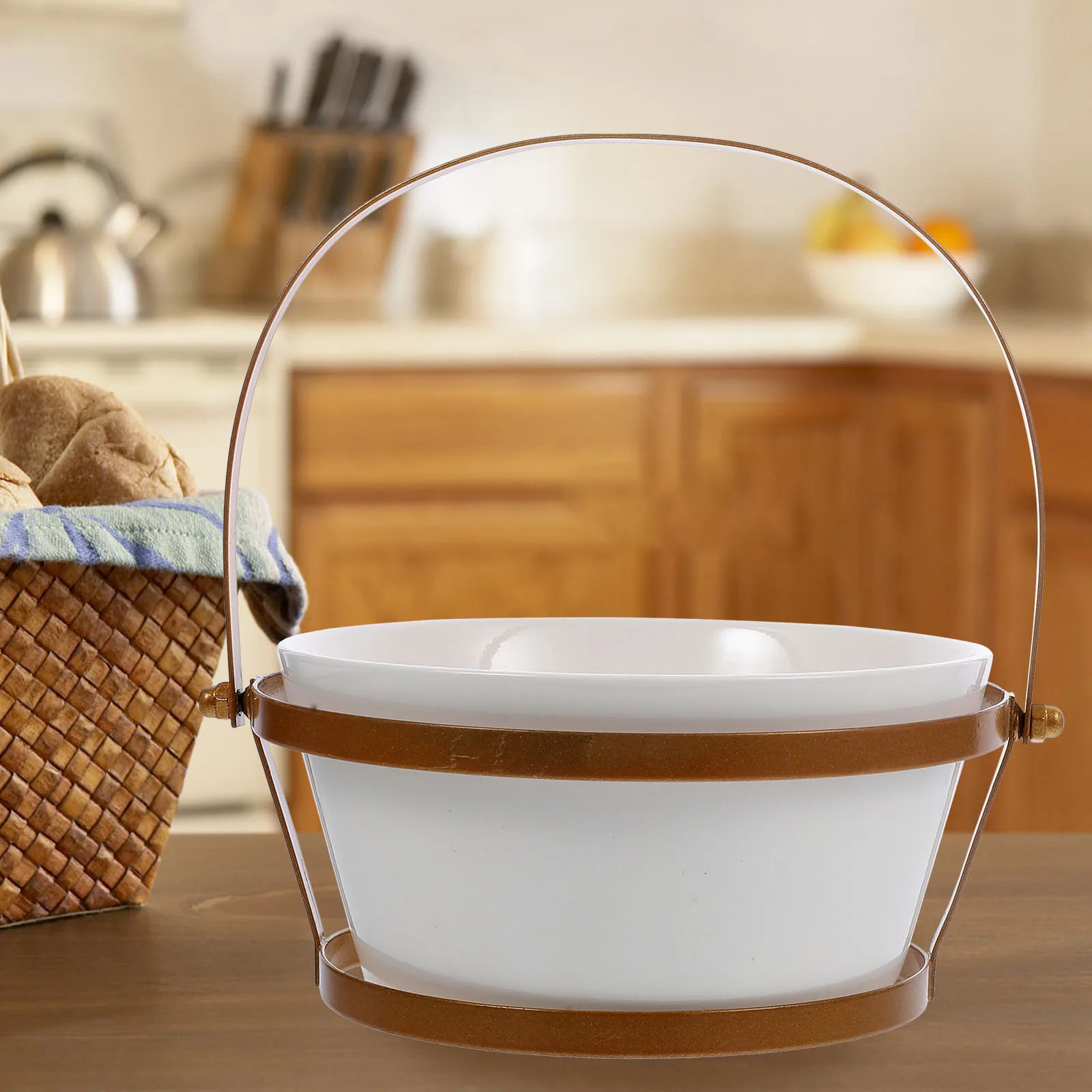 

Porcelain Bamboo Fruit With Handle Multi-Function Serving Bowl For Kitchen Home Restaurant Use Reusable Food Storage Bowl