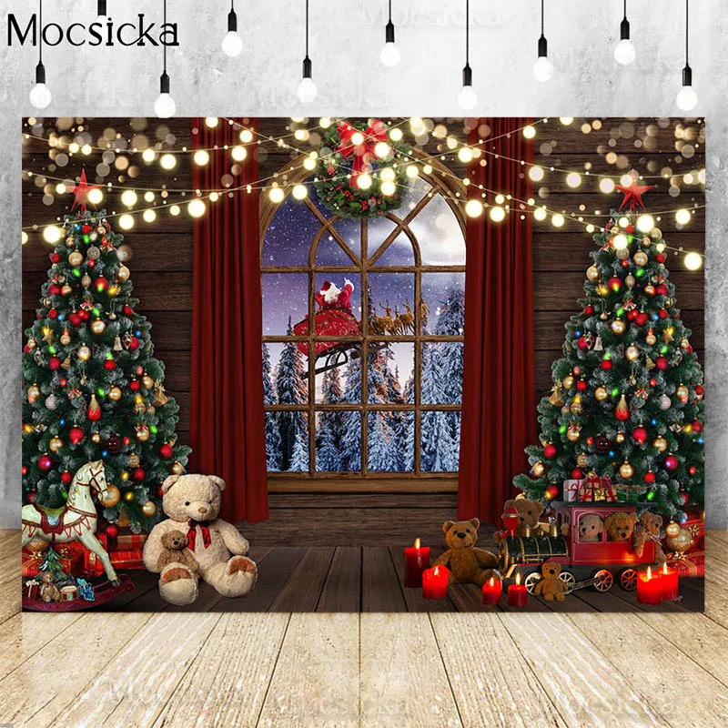 

Christmas Backdrop For Photography Winter Santa Claus Window Trojan Horse Xmas Trees Background Kids Family Portrait Photostudio
