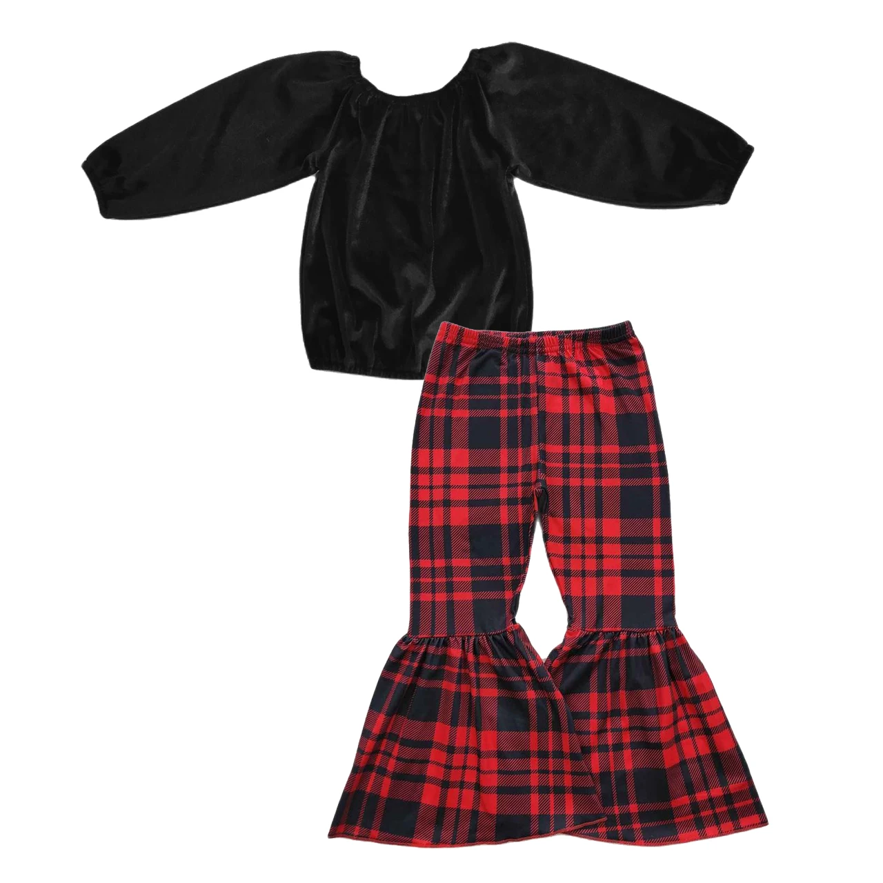 

Wholesale Baby Girl Christmas Set Black Long Sleeves Velvet Tops Infant Plaid Bell Pants Kids Children Holiday Outfit Clothes