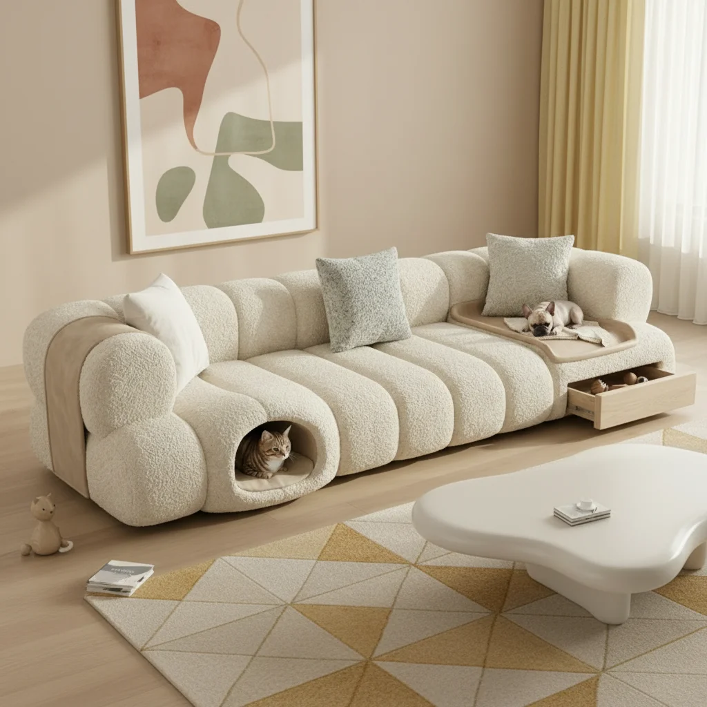 Custom Pet Friendly Sofa OEM Modern Boucle Couch With Built-in Cat House Dog Bed Storage Drawer Living Room Furniture