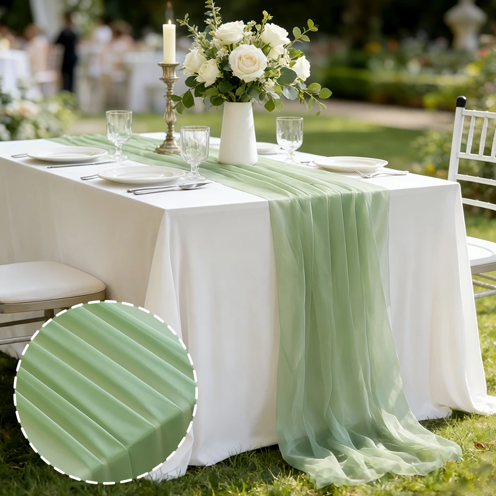 

Sage Green Sheer Chiffon Table Runner, Wedding Tablecloth for Outdoor Party and Bridal Shower Decor