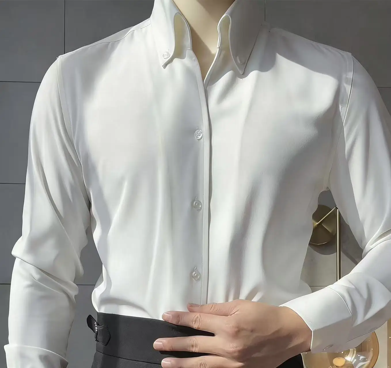 

New Men's Solid Color Business Shirt, Fashionable Classic Basic Casual Slim Fit White Long Sleeve Large Collar V-Neck Shirt