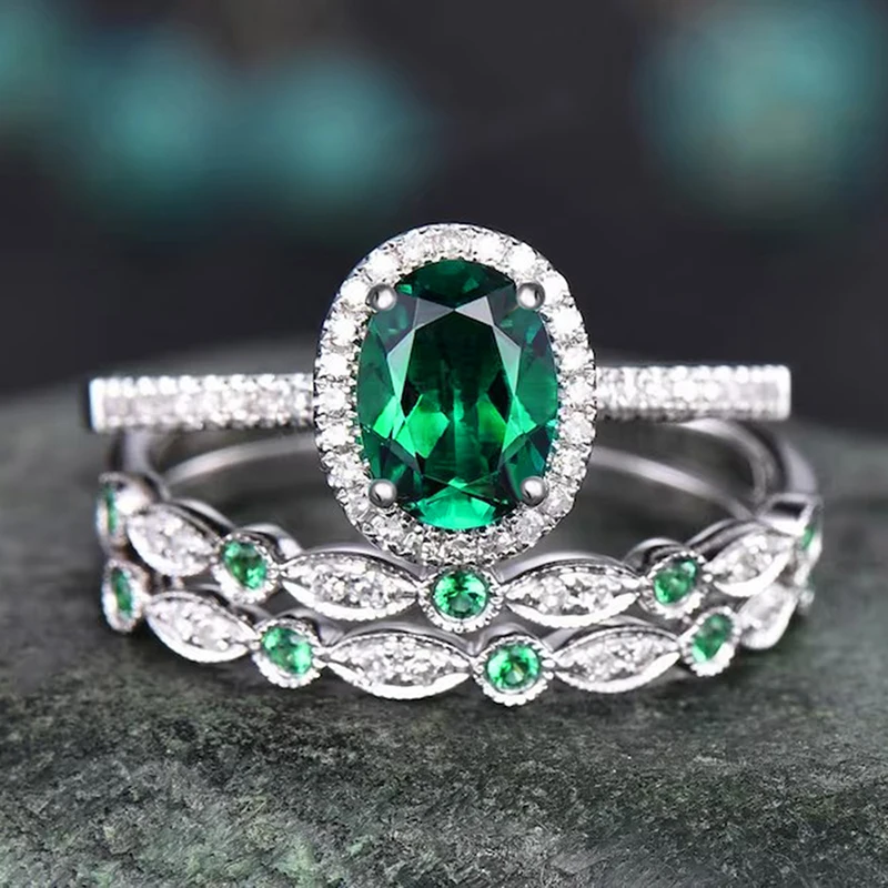 Huitan Edle Grüne CZ Set Ringe für Frauen Hochzeit Jahrestag Party Temperament Elegante Dame Zubehör Geschenk Heißer Trendy Schmuck