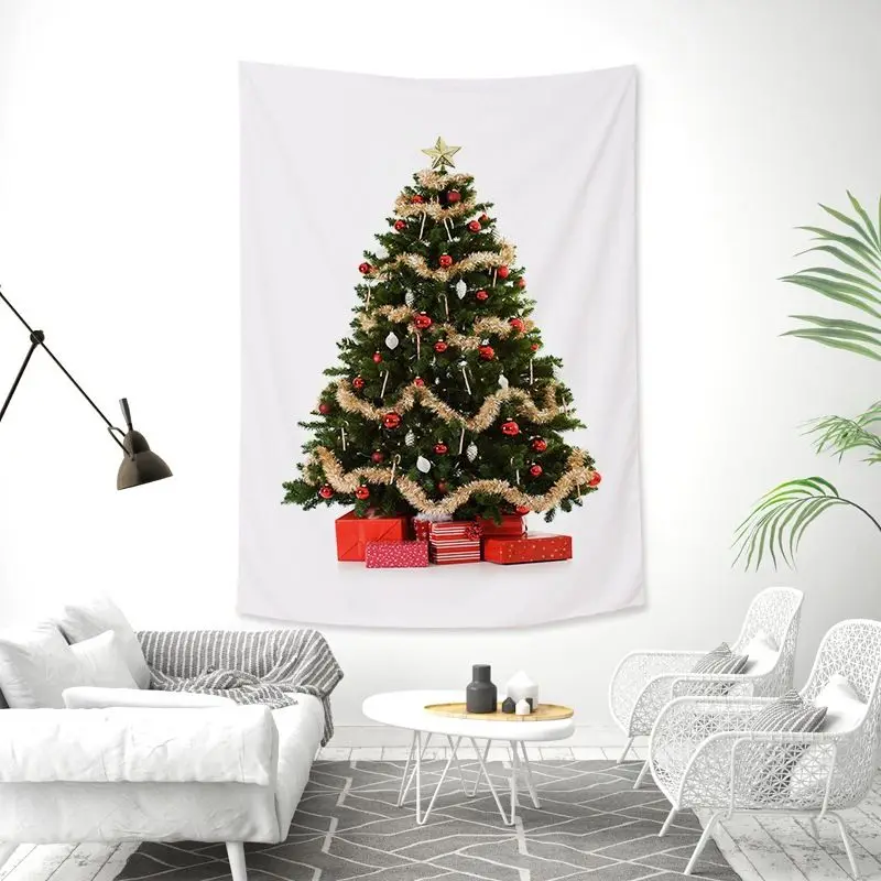 VIKAMA Wall Tapestry Christmas Tree Gold Tinsel Red White Ornaments Modern Wall Hanging Home Decor Living Room Bedroom Aesthetic