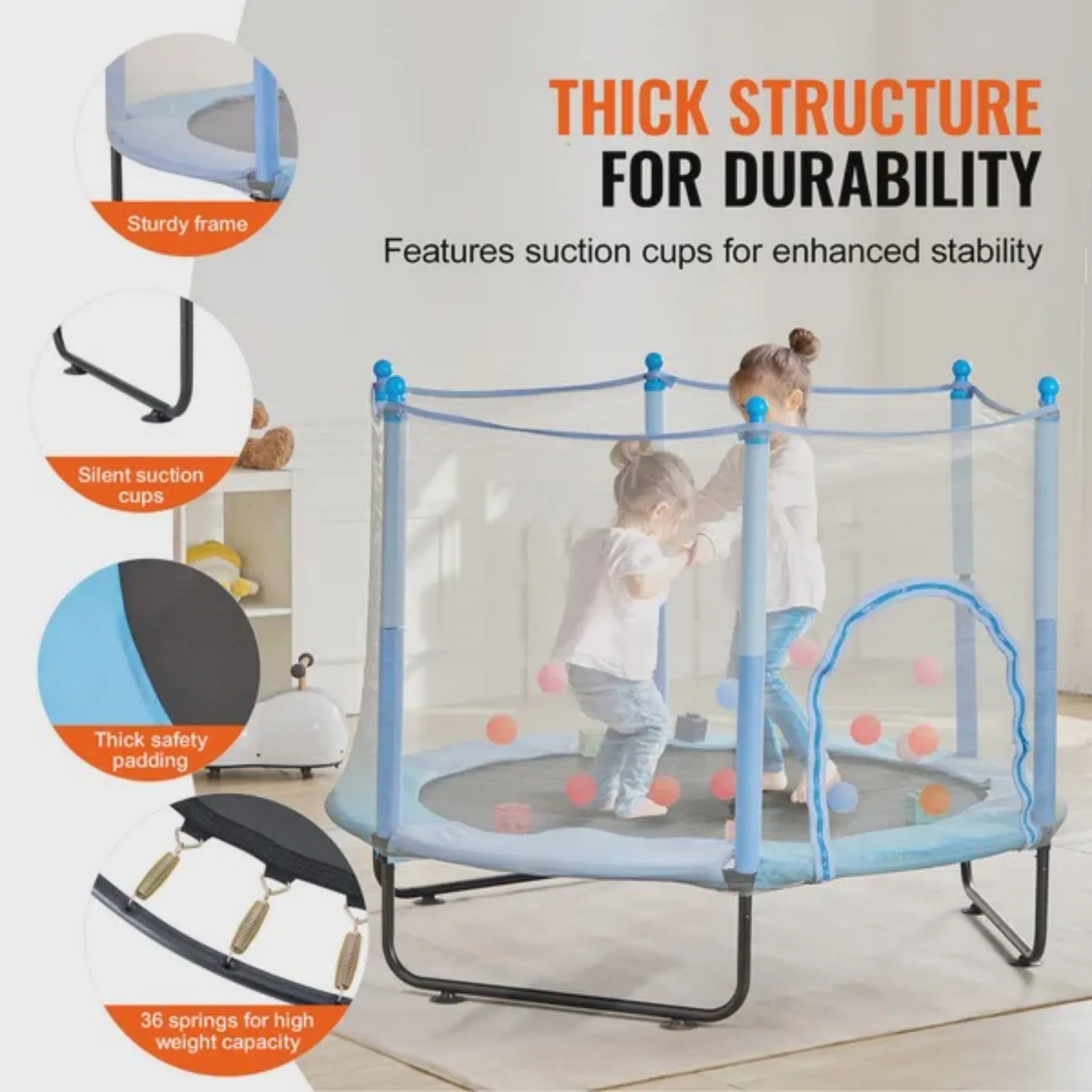 Trampolín Infantil de 5 Pies (1.5 m) para Interiores y Exteriores, Mini Trampolín Recreativo con Red de Seguridad y Aro de Baloncesto, Regalos de Cumpleaños y Navidad para Niños de 3+ Años, Color Azul