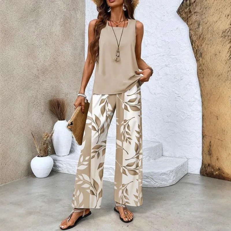 

2025 new women's casual square collar pullover vest with long pant set sdigital printed