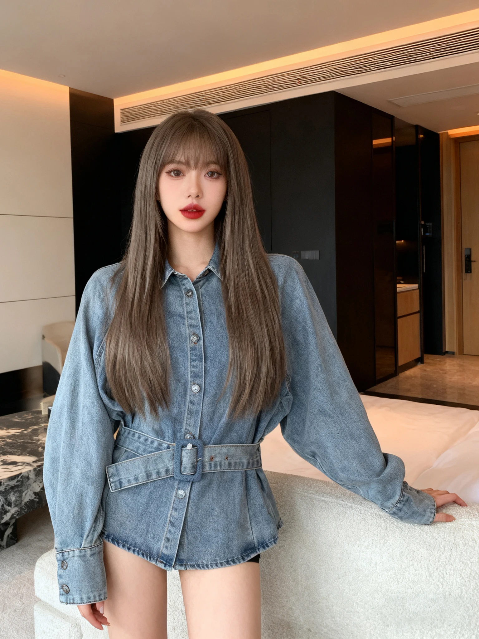 

Ретро-куртка из американского синего денима для женщин, корейский дизайн с утяжкой на талии, с поясом, длинный рукав, весенняя модель для повседневной носки