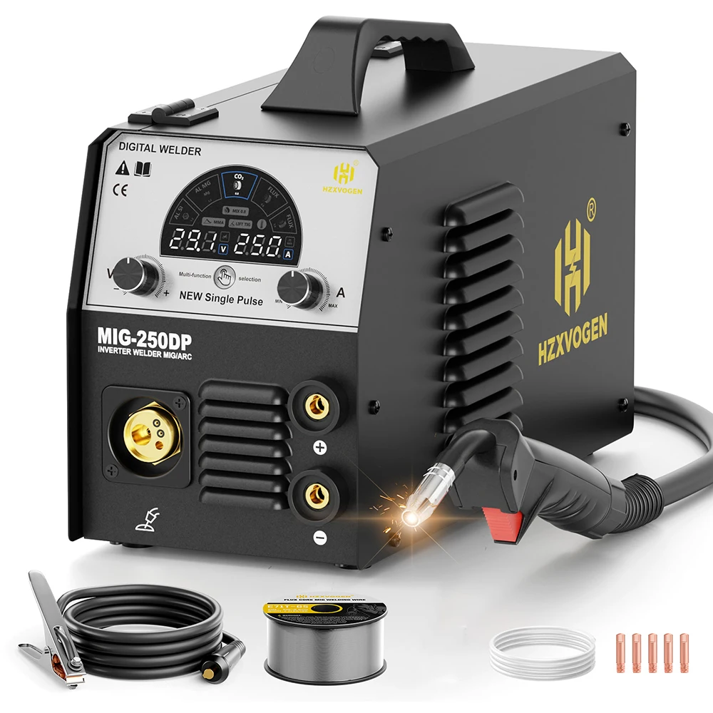 HZXVOGEN Aluminium-MIG-Schweißgerät mit großem LED-Display, 220V, MIG250DP, 5-in-1, Stick/ARC/MMA, gaslos/gasbehandelt, MIG, Lift TIG, Single Pulse, halbautomatisches Inverter-Schweißgerät für 2/10lb