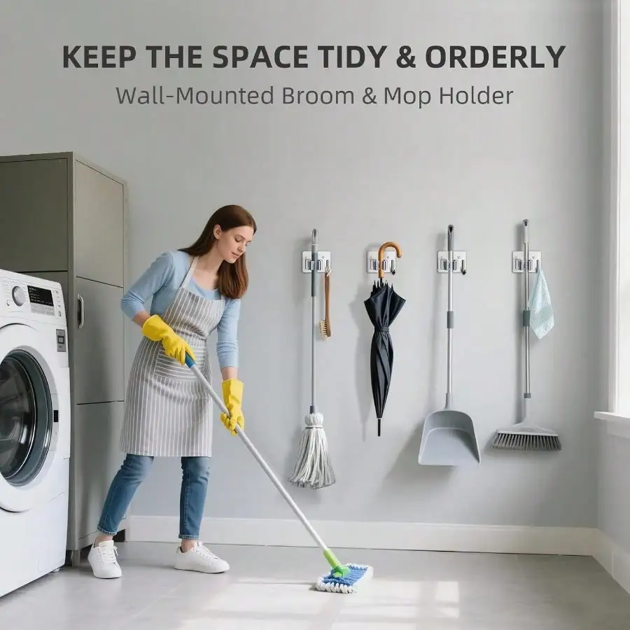 

Broom Holder Wall Mount With Screws (4 Pack) Broom And Mop Organizer Wall Hanging, Anti-Slip Mop Holder Broom Hanger With Hooks, Stainless Steel Rack Garden Garage Organization