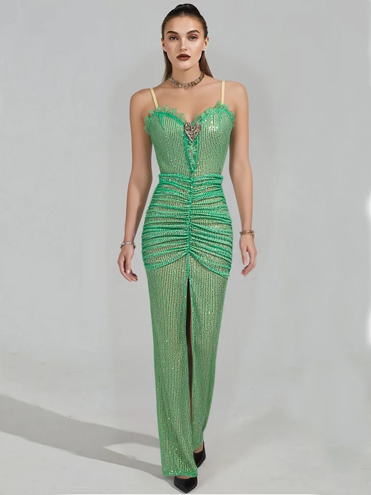 2025 مثير حزام الترتر طيات عالية سبليت فستان طويل المرأة الأخضر الترتر أكمام عارية الذراعين الدانتيل متابعة سليم فستان سهرة رسمي #1
