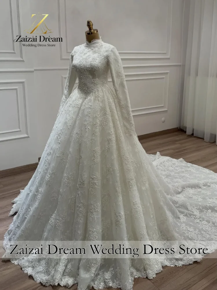 Maßgeschneidertes Exquisites Muslimisches Hochzeitskleid mit Hohem Kragen und Langen Ärmeln, Exquisite Spitze Prinzessinnen-Ballkleid Vestido De Novia