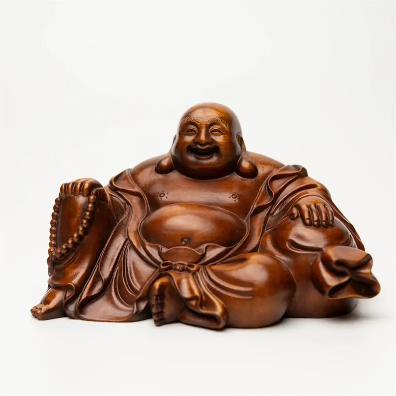 

Vintage Hand-Carved Wood Laughing Buddha Statue Bag, Collectible Figurine for Buddhism Zen Decor