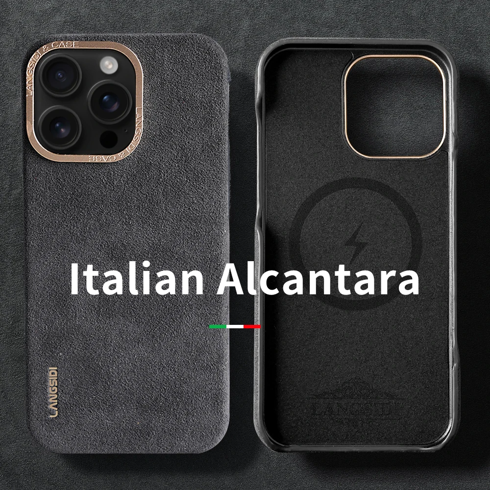 

Genuine Italian Alcantara for Magsafe Case for iPhone 15 16 Pro Max Suede Fur Supercar Leather Metal Frame Magnetic Back Cover