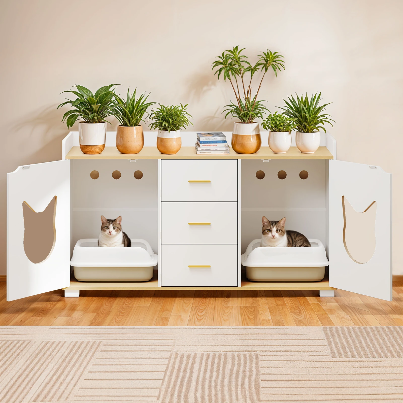 

55" Elevated Hidden Cat Litter Box Cabinet White Enclosure Buffet with 3 Drawers